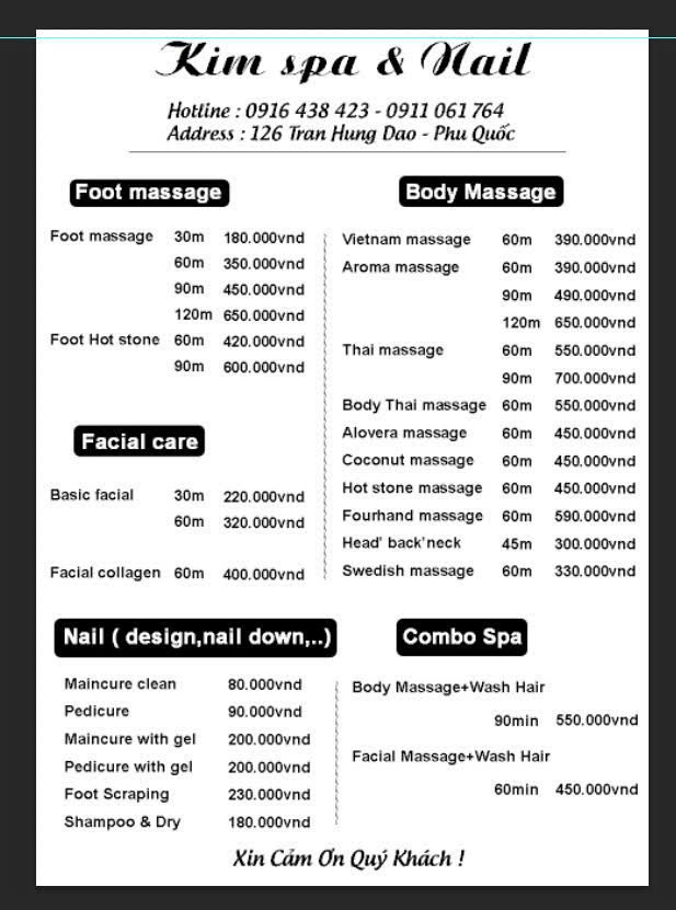 킴 스파&네일 즈엉동_메뉴판
